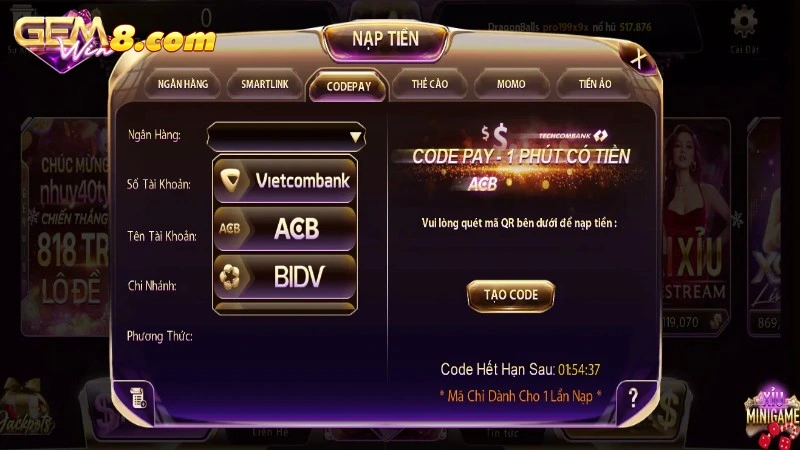 Nạp tiền Gemwin qua Code Pay